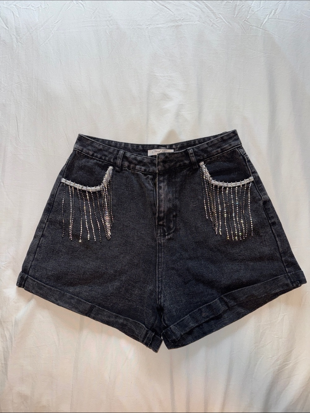 Black Denim Fringe Pocket Shorts